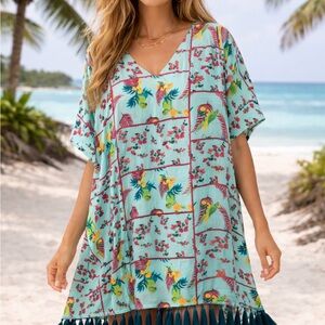 Verandah tropical Print V-Neck Cover-Up kaftan dress short sleeve one size